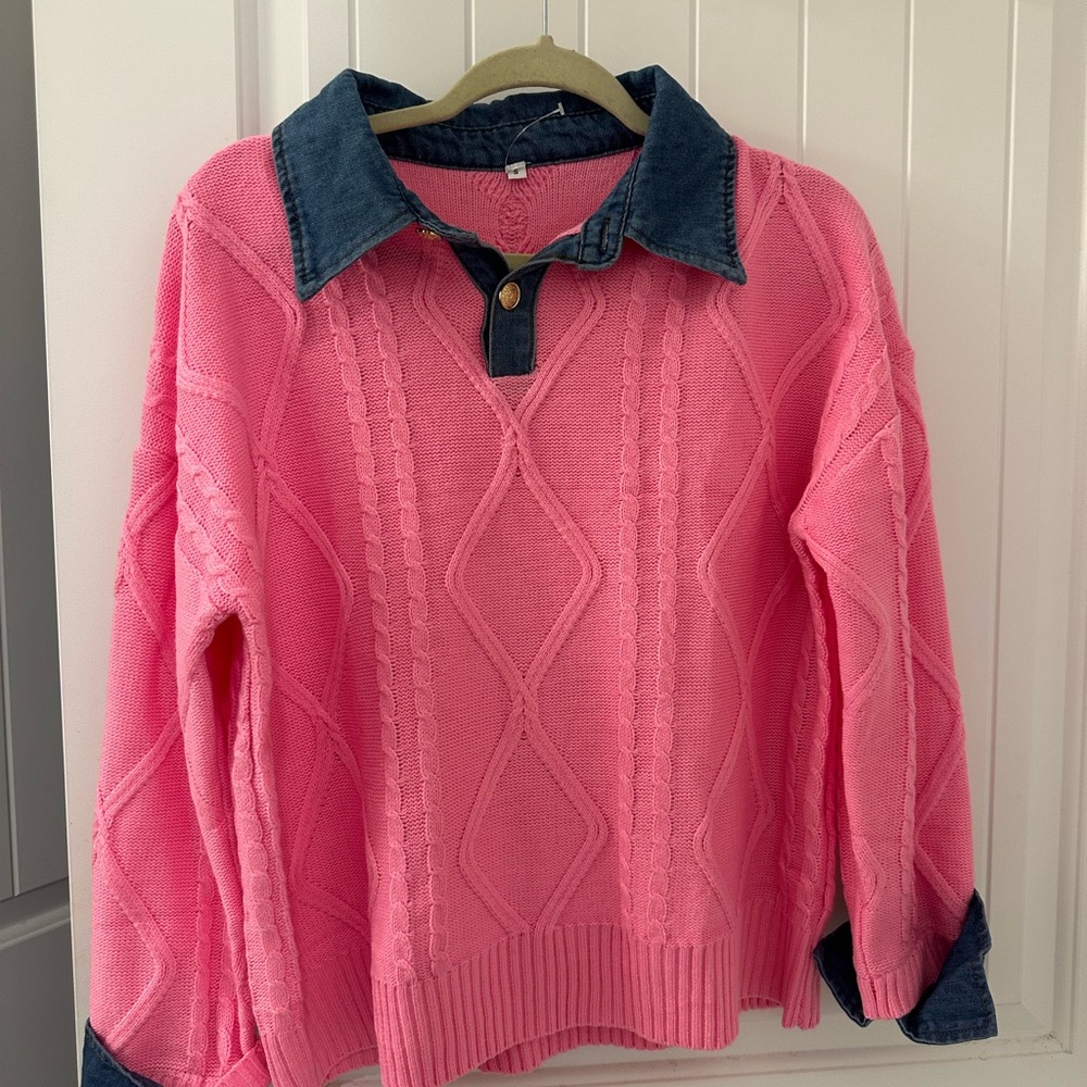 Pink Cable-Knit Sweater with Denim Collar